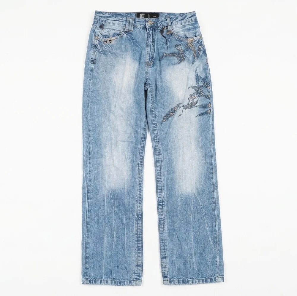 Akademiks Jeans Mens 34 Y2K Baggy Distressed Beaded Embroidered Hip Hop‎ Denim